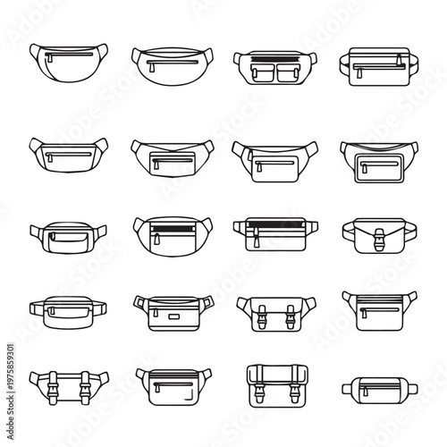 Assorted Waist Bags and Fanny Packs Collection with Various Pockets and Straps Clean Line Art Style