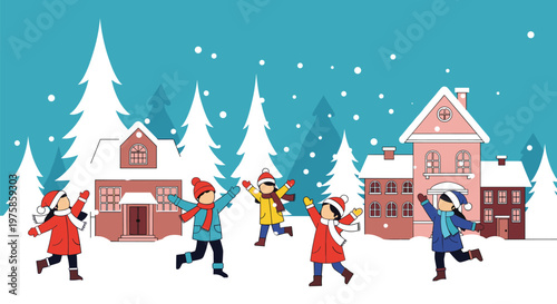 Group of joyful children wearing winter clothes playing and dancing in the fresh snow near houses in a village.