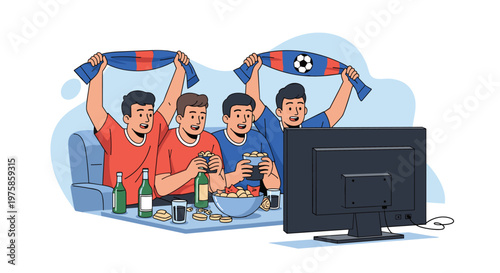 Excited group of male friends watching a soccer match on television while cheering and enjoying snacks at home.