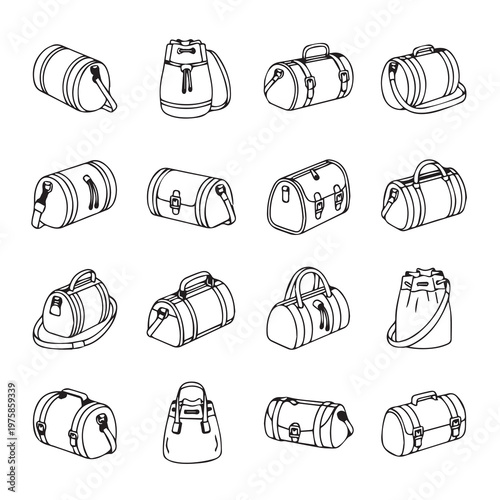 Assortment of duffel bags and travel luggage in a clean line art illustration