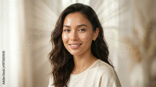Woman with long dark hair smiles warmly in a bright, airy room, creating an inviting atmosphere that suggests comfort, mindfulness, and a peaceful state of mind for editorial use. Free Download Woman with long dark hair smiles warmly in a bright, airy room, creating an inviting atmosphere that suggests comfort, mindfulness, and a peaceful state of mind for editorial use. - GFXLoad
