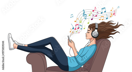 Relaxed young woman sitting in a comfortable armchair while listening to music through headphones on her phone.