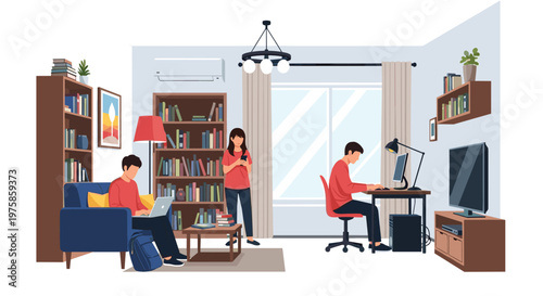 People spending time together in a cozy modern living room while working on laptops and using their smartphones.