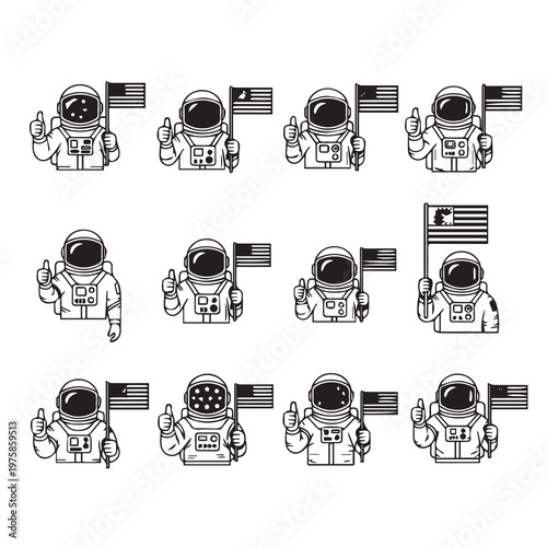 Astronauts with flags giving thumbs up in a simple graphic style