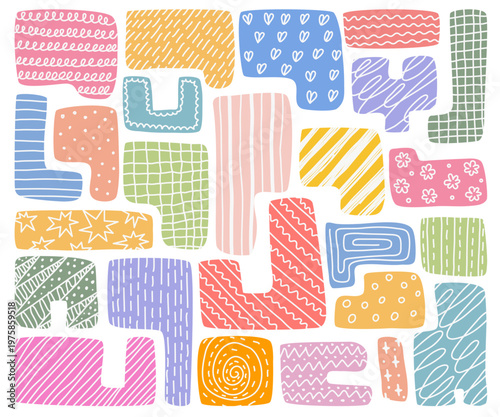 Abstract colorful spots and doodle shapes. Hand drawn multicolored figures on white background. Scribbles, lines with pencil or marker. Elements for scrapbooking, collages, stickers, social media