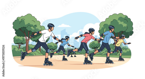 Group of active people enjoying rollerblading together on a path through a green park with a city skyline view.