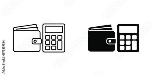 Wallet and calculator in outline and solid black styles set