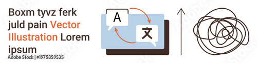 Language learning, globalization, communication, translation, education, technology. Speech bubbles with language symbols and arrow. Language learning and globalization visually