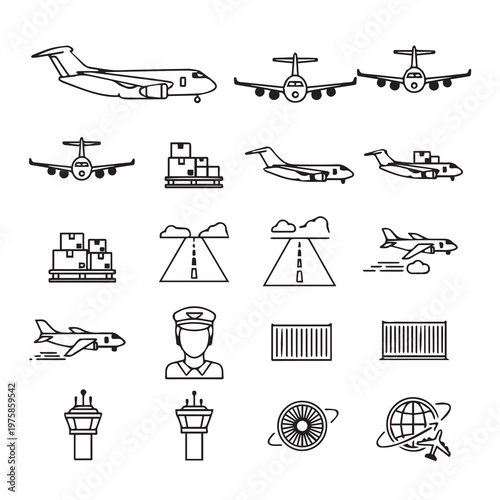 Aviation and Logistics Icons with Airplanes and Cargo for Transportation Concepts