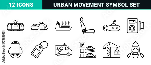 Minimalist vector transport line icon set with diverse vehicles