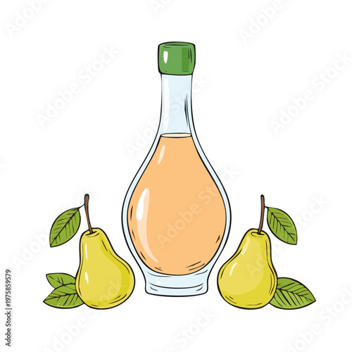 Glass bottle filled with amber liquid and two ripe yellow pears with green leaves illustration