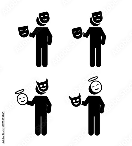 Man holding mask of his happy face, two face, man showing angry and happy emotions