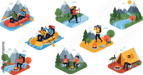Outdoor Adventure Activities Set with People Camping, Hiking, and Rafting in Nature, Featuring Mountains and Rivers