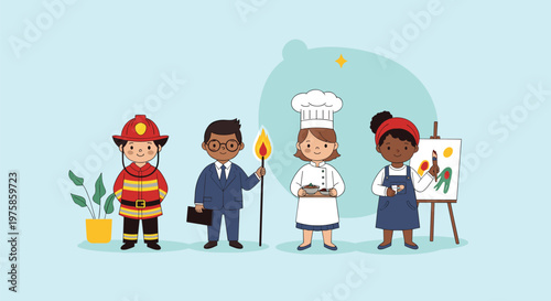 Group of diverse cute children dressed up in various professional costumes like a firefighter, chef, and artist.