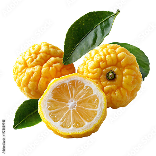 Yuzu citrus fruit whole and half slice fresh with leaf isolated on transparent background