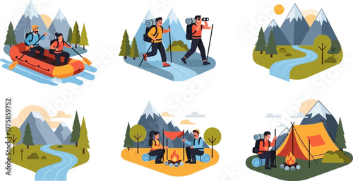Outdoor Adventure Activities Set with People Enjoying Nature, Hiking, Rafting, and Camping in Scenic Mountains