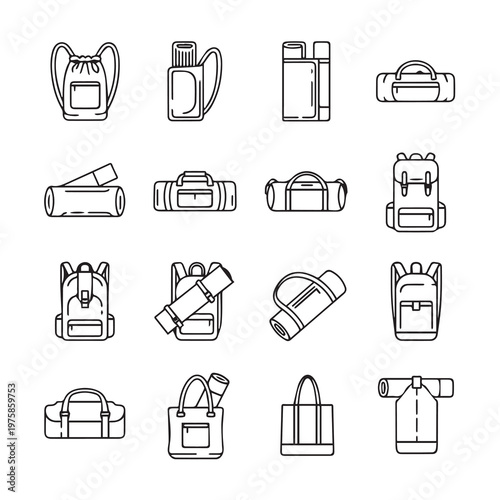 Backpack and Duffel Bag Icons: Travel Luggage Collection Minimalist Line Art Style