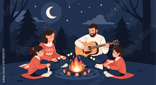 Happy family camping together in the forest at night while roasting marshmallows over a glowing warm campfire.