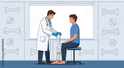 Doctor applying bandage to injured leg of patient in medical office