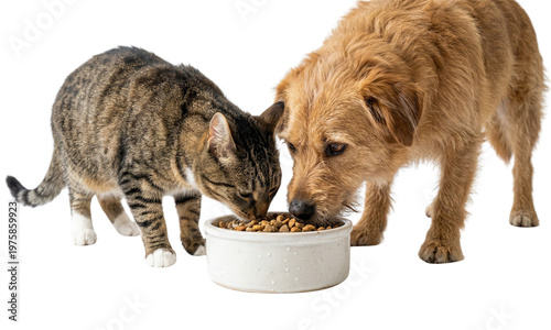 Canvas Print Dog and cat eating together from same white bowl on transparent background isolated hungry pets sharing meal time domestic animals nutrition concept canine and feline feeding side by side together