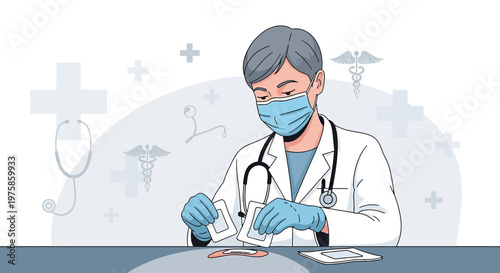 Doctor applying bandage to patient during COVID-19 pandemic, medical care concept