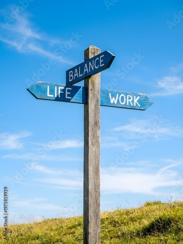 Work life balance concept with directional signpost showing life and work choices against blue sky background symbolizing career decisions lifestyle priorities and personal wellbeing