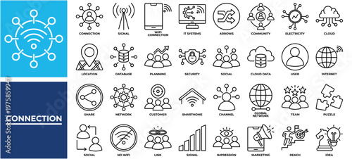 Connection icon set collection. Containing index, link, partnership, share, transfer, arrows, database .Line vector icons collection