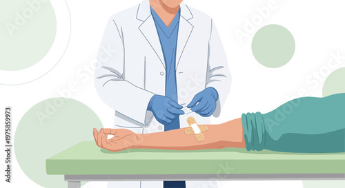 Doctor applying bandage to patient's arm after blood draw or injection