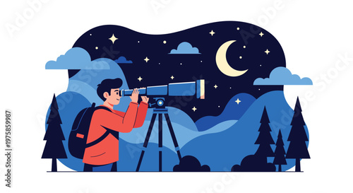Young explorer looking through a large telescope at the moon and stars in the night sky while camping in nature.