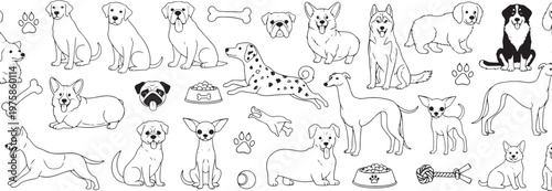 Charming seamless pattern featuring a diverse array of dog breeds and playful pet accessories, rendered in a whimsical line art doodle style