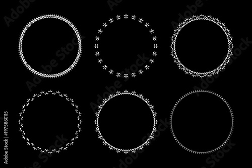 Set of Abstract Radial White Circle Patterns for Decorative Round Frames on Black Background. 