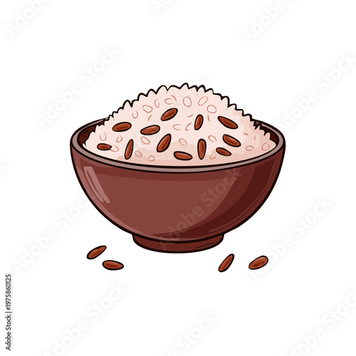 Wholesome Brown Bowl Overflowing with Steamed Rice Grains and Dark Beans Illustration