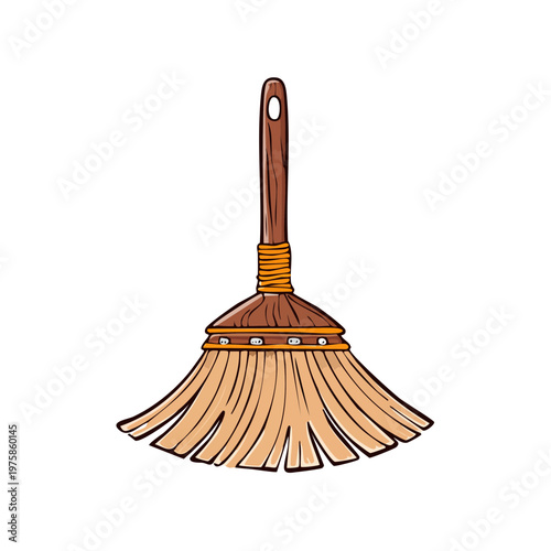 Illustration of a simple wooden broom with straw bristles and a rustic design
