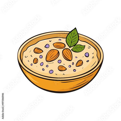 Bowl of creamy porridge with almonds and mint leaves healthy breakfast