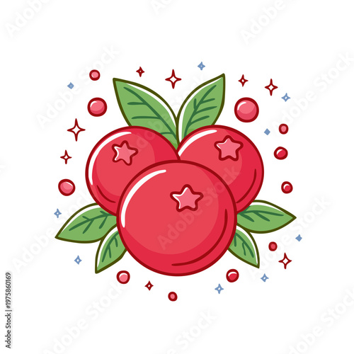 Vibrant red cranberries with green leaves and sparkling highlights create a fresh and cheerful fruit illustration
