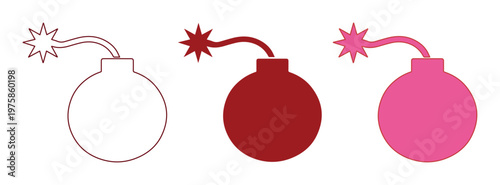 Minimalist bomb icon set with lit fuse, red and pink explosive sphere symbols, flat vector illustration of round bombs for gaming and danger concepts