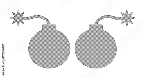 Minimalist grey bomb vector icons with lit fuses, set of two round explosive symbols, flat cartoon style weapon graphics for gaming and safety concepts