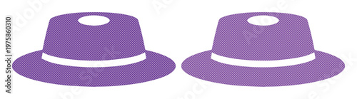 Purple boater hat vector icons, flat minimalist summer headwear set, stylish violet sun hats with white bands for fashion design and travel branding