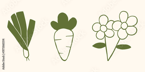 Vector set of doodle leek, carrot and flower for garden and gardening in hand drawn outline sketch monochrome style. Cute vegetable and floral collection for small farm and organic agriculture.