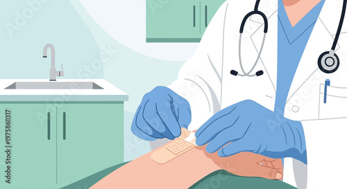 Doctor applying bandage to patient's arm in clinic examination room