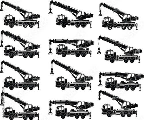 A detailed black and white illustration of powerful military main battle tanks and a heavy transport truck isolated on white background for army design.