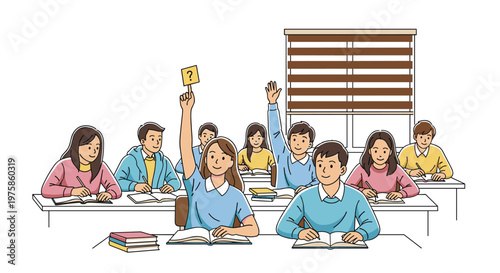 Students sitting at their desks in a classroom while a girl raises her hand to ask a question to the teacher.