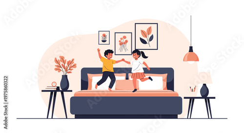 Two happy children jumping and playing joyfully on a large bed in a stylishly decorated modern bedroom.