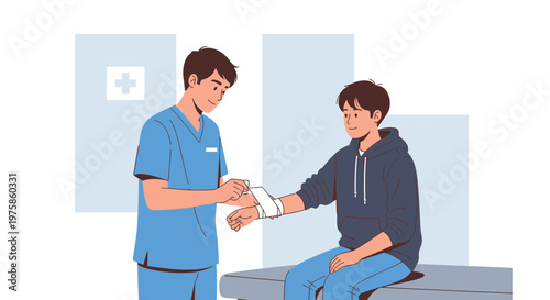 Doctor applying bandage to patient's arm in clinic, medical care concept