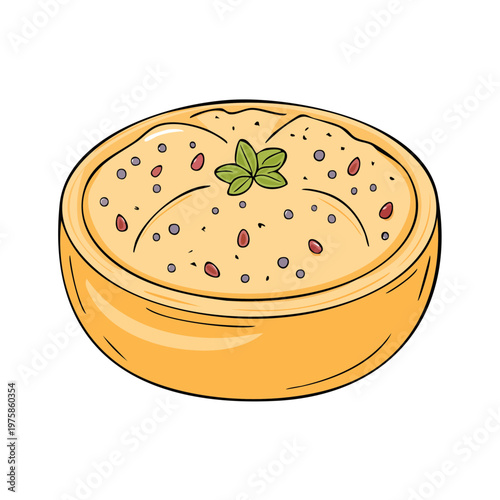 Hand drawn illustration of a delicious hummus dish with mint leaf topping and red pepper flakes