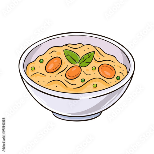Hearty bowl of vegetable stew with carrots peas and basil garnish in simple drawing style