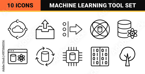Data science and big data analytics line icon set