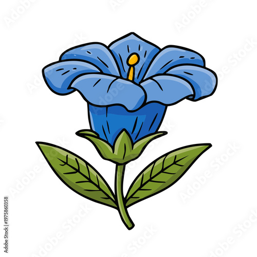 Vibrant blue bellflower with green leaves and stem drawn in cartoon style