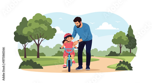 Father teaching his young daughter how to ride a bicycle on a park path while wearing a protective pink helmet for safety.