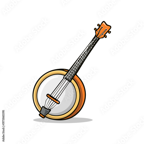 Cartoon illustration of a banjo musical instrument with orange accents